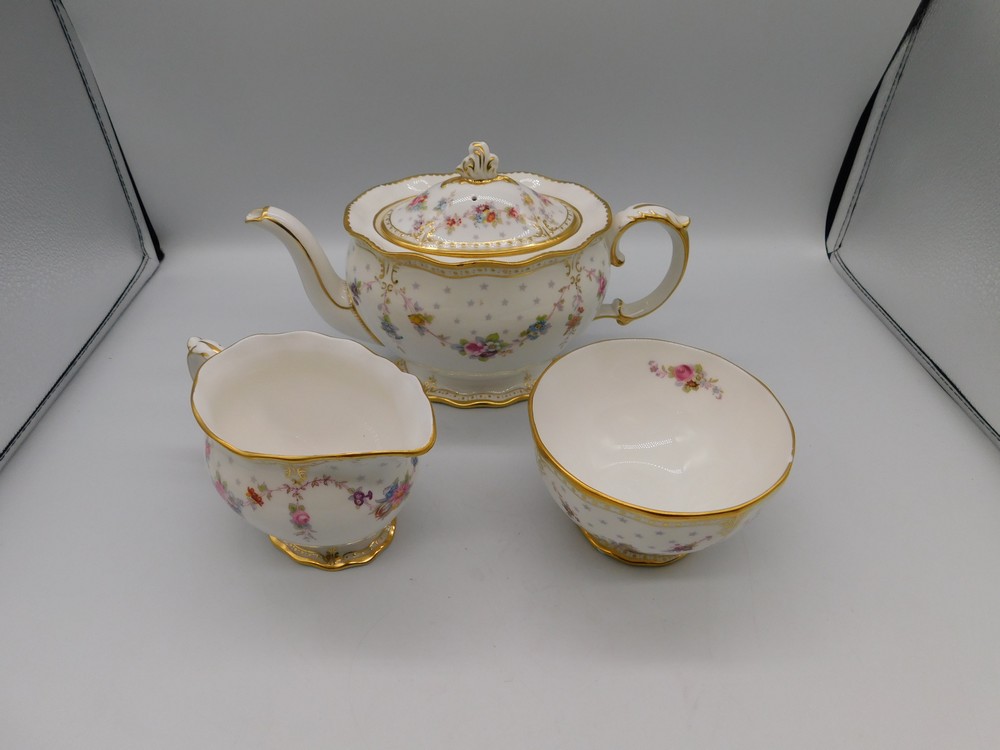 Royal Crown Derby 'Royal Antoinette': teapot (second quality) milk jug (first quality) and sugar