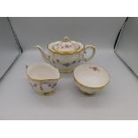 Royal Crown Derby 'Royal Antoinette': teapot (second quality) milk jug (first quality) and sugar