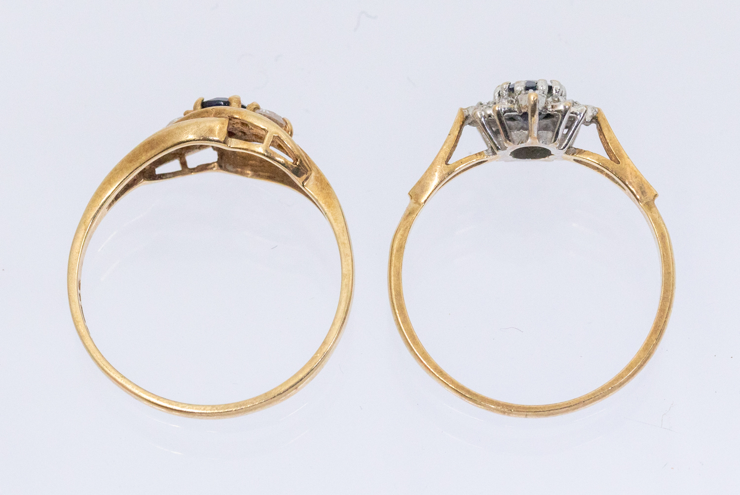 A cz and sapphire 9ct gold three stone ring, size N, along with a diamond and sapphire 9ct gold - Image 2 of 2