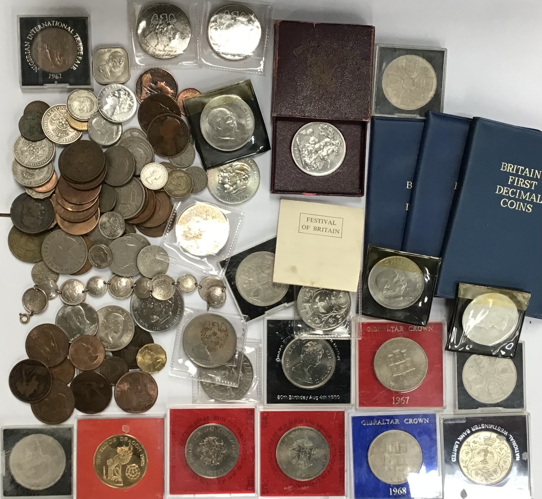 Collection of British Coins Including 1951 Festival of Britain Crown in Original Case with