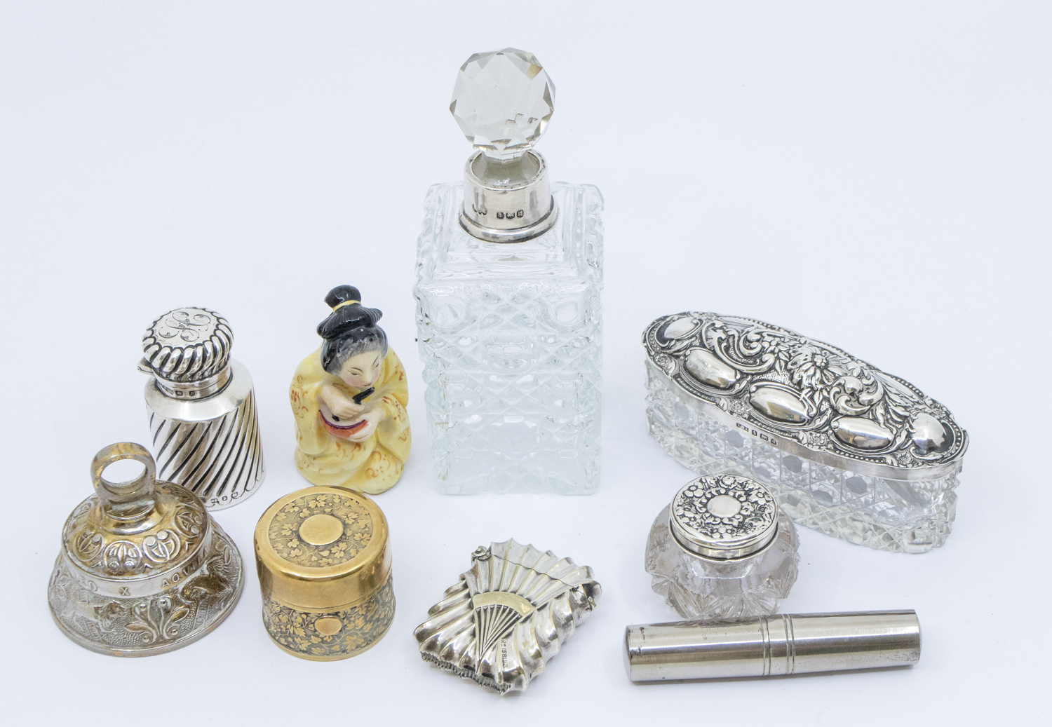A collection of silver and other items to include; an early 20th century Birmingham silver topped