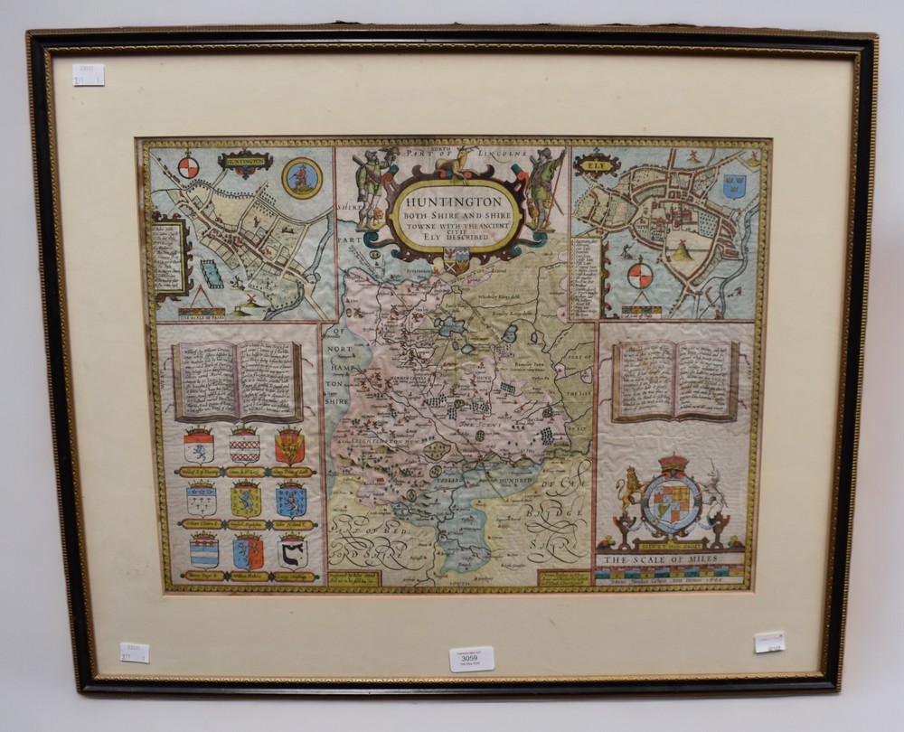 A c1662 frame glazed front and back map of Huntingdon by John Speed.