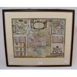 A c1662 frame glazed front and back map of Huntingdon by John Speed.