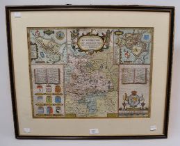 A c1662 frame glazed front and back map of Huntingdon by John Speed.