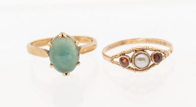 A garnet and pearl set 9ct rose gold ring, size Q, along with green stone set 9ct gold ring,