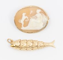 A 9ct gold articulated fish pendant, length approx 45mm, weight approx 8.9gms along with a 19th