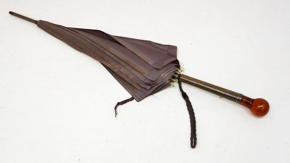 A 20th century wooden handled parasol, with faux amber plastic rounded end and London silver mount - Image 3 of 7