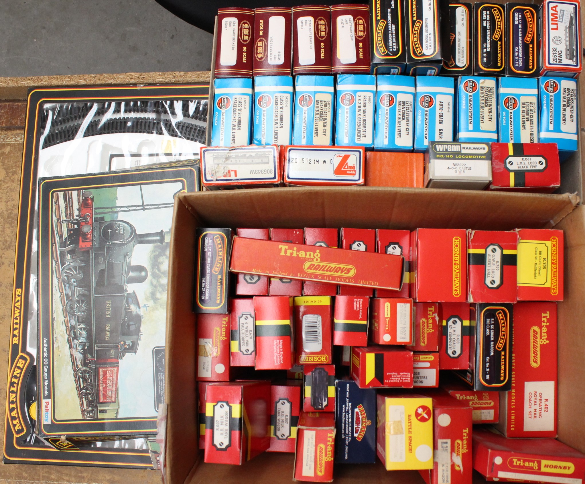 Model Railway: A collection of assorted empty boxes including Mainline, Wrenn, Hornby and other