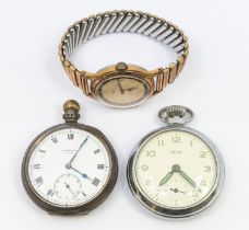 A gold plated gents Ingersoll wristwatch, together with a silver cased Benson pocket watch,missing