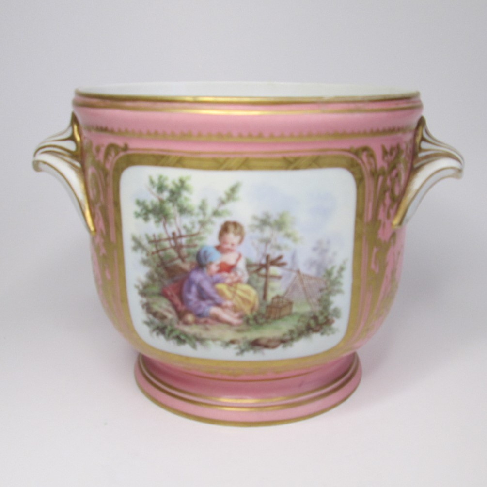 A 19th Century French pink ground porcelain cache pot, painted with a bird scene on one side and a - Image 2 of 5