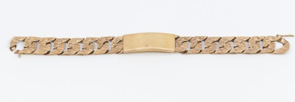 A gentleman's heavy weight 9ct gold textured curb link identity bracelet, width approx 14mm,