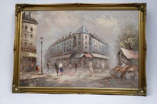 A signed original oil on canvas of a Parisian scene by Burnett, in gilt frame.