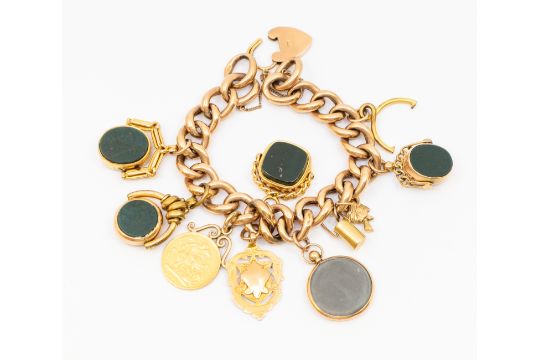 A 9ct rose gold charm bracelet, comprising hollow links approx 11mm, each marked 9c length approx