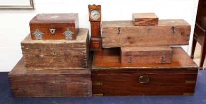 A collection of 19th or 20th century mixed wooden boxes to include: a brass bound rectangular