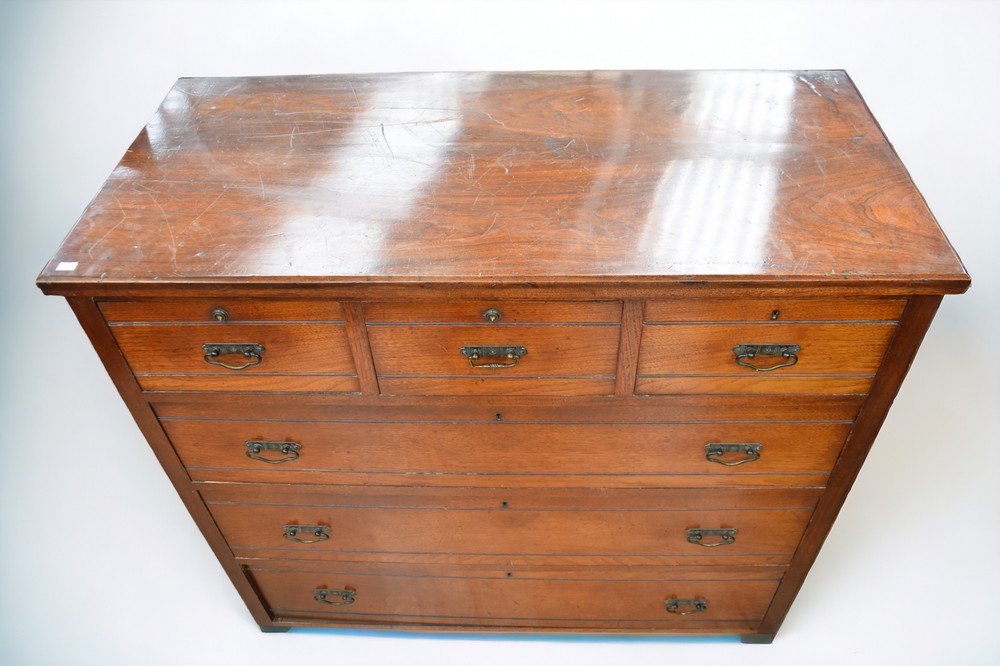 A large Edwardian mahogany chest of three drawers above three drawers, with brass swing handles, sat - Image 2 of 5