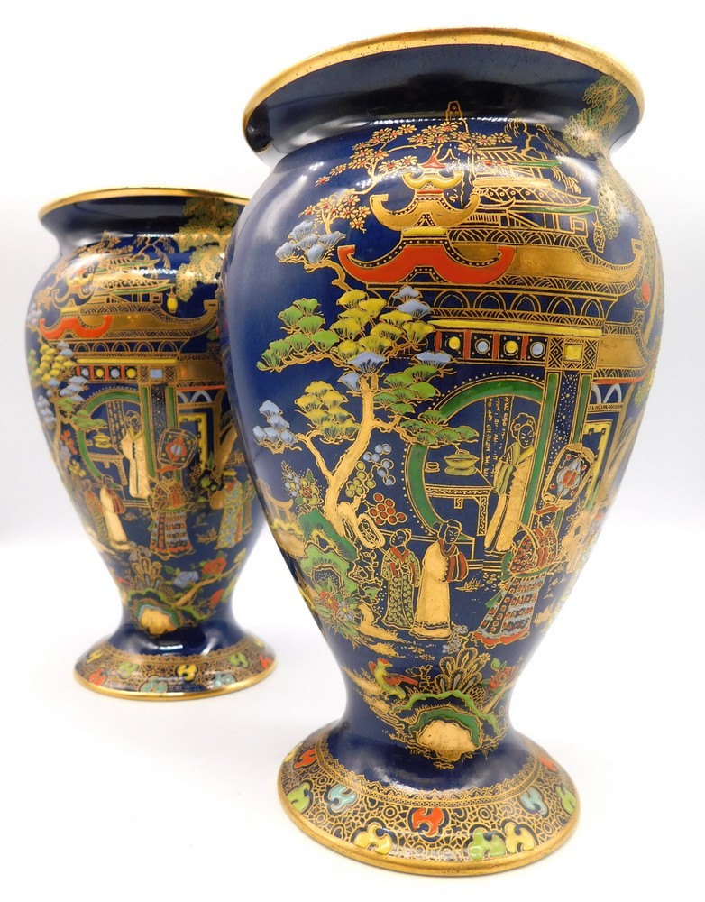 A pair of Carlton ware vases in the Temple design, c1940 , usual marks to bases (2)