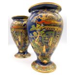 A pair of Carlton ware vases in the Temple design, c1940 , usual marks to bases (2)