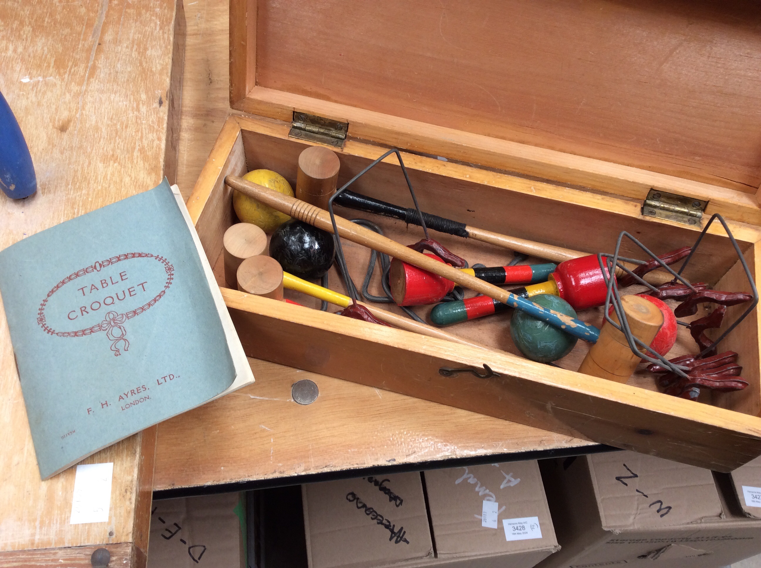 A table croquet set by F.H. Ayres Ltd, in box, along with a table skittles set, multicoloured - Image 2 of 2
