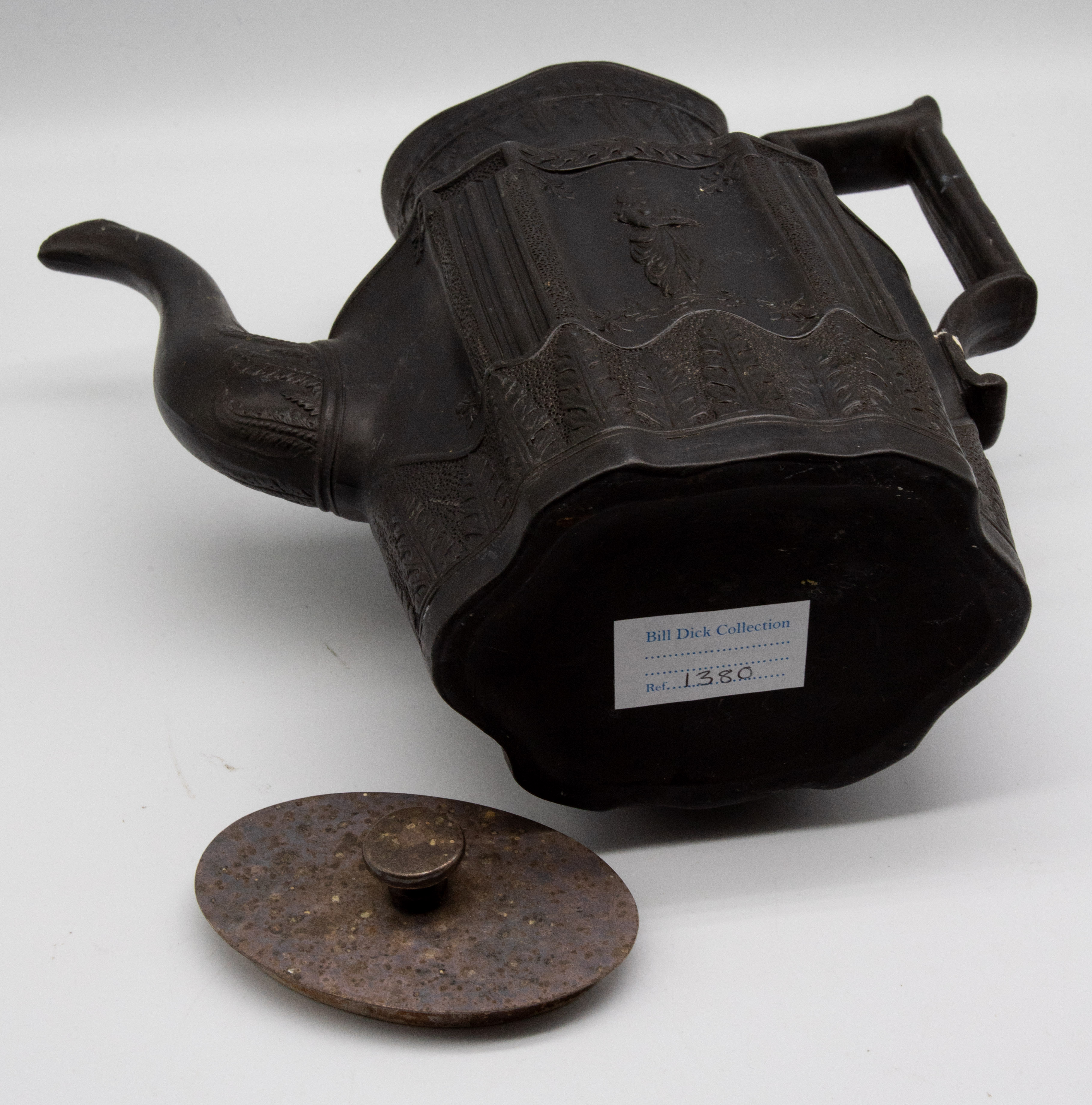 A Staffordshire black basalt coffee pot and metal cover, 19th century, unmarked, size 24cm high. - Image 4 of 7