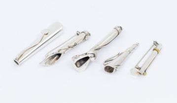Boutonnieres: a collection of five modern stylish silver buttonhole posy holders, one with applied
