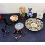 A collection of Chinese and Japanese chargers, bowls, vases, embroidered frame scene cloisonne