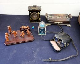 A late 19th Century desk ink stand, late 19th Century cased binoculars, early 20th Century mantle