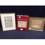 An 18th Century framed map of road from Kings Lynn to London with a framed map of Huntingdon and a