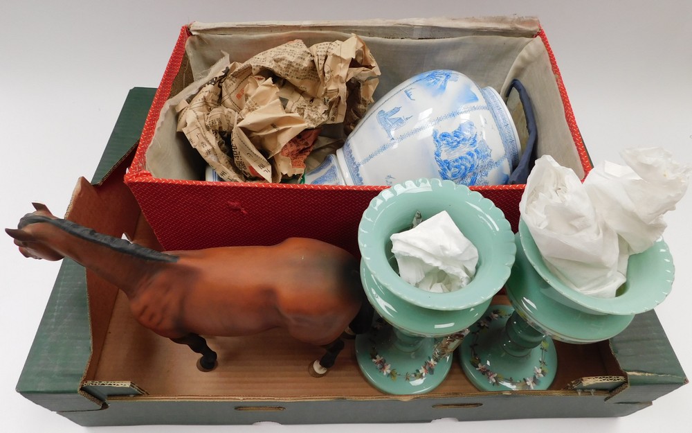 A mid 20th Century blue and white Chinese table lamp, Beswick horse and a pair of Victorian glass