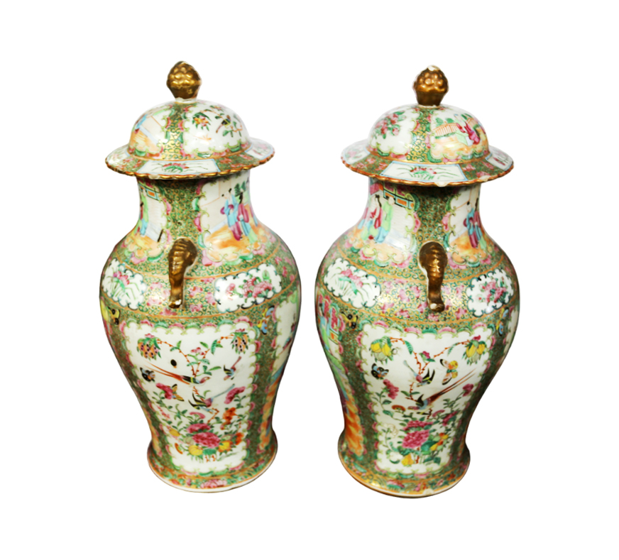 A pair of late 19th century Cantonese famille rose lidded vases, with elephant trunk handles and - Image 2 of 8