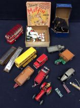 Collection of toys, harmonicas x2, Meccano, Muffin the Mule in box.