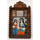 A pair of 19th century Indo-Persian reverse glass paintings, each a pair of young women of the Qajar