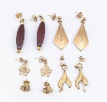 A collection of four pairs of 9ct gold earrings, including three drop pairs, the longest approx 32mm