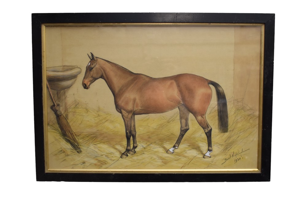 Basil Nightingale - a signed watercolour and pencil of a bay horse in stable, dated 1930