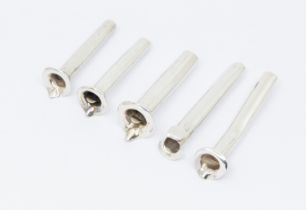 Boutonnieres: a collection of five 20th century silver buttonhole posy holders, all with floral