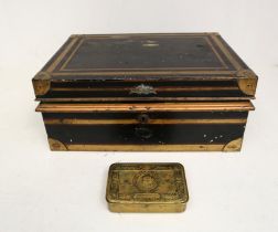 A Victorian metal cash/dispatch box with keys along with a WWI Christmas tin box, manufactured in