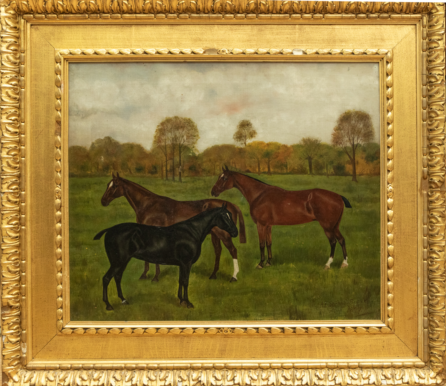 Albert Edward D.G. Stirling-Brown (1896-1929) Three horses with trees beyond oil on canvas, - Image 7 of 7