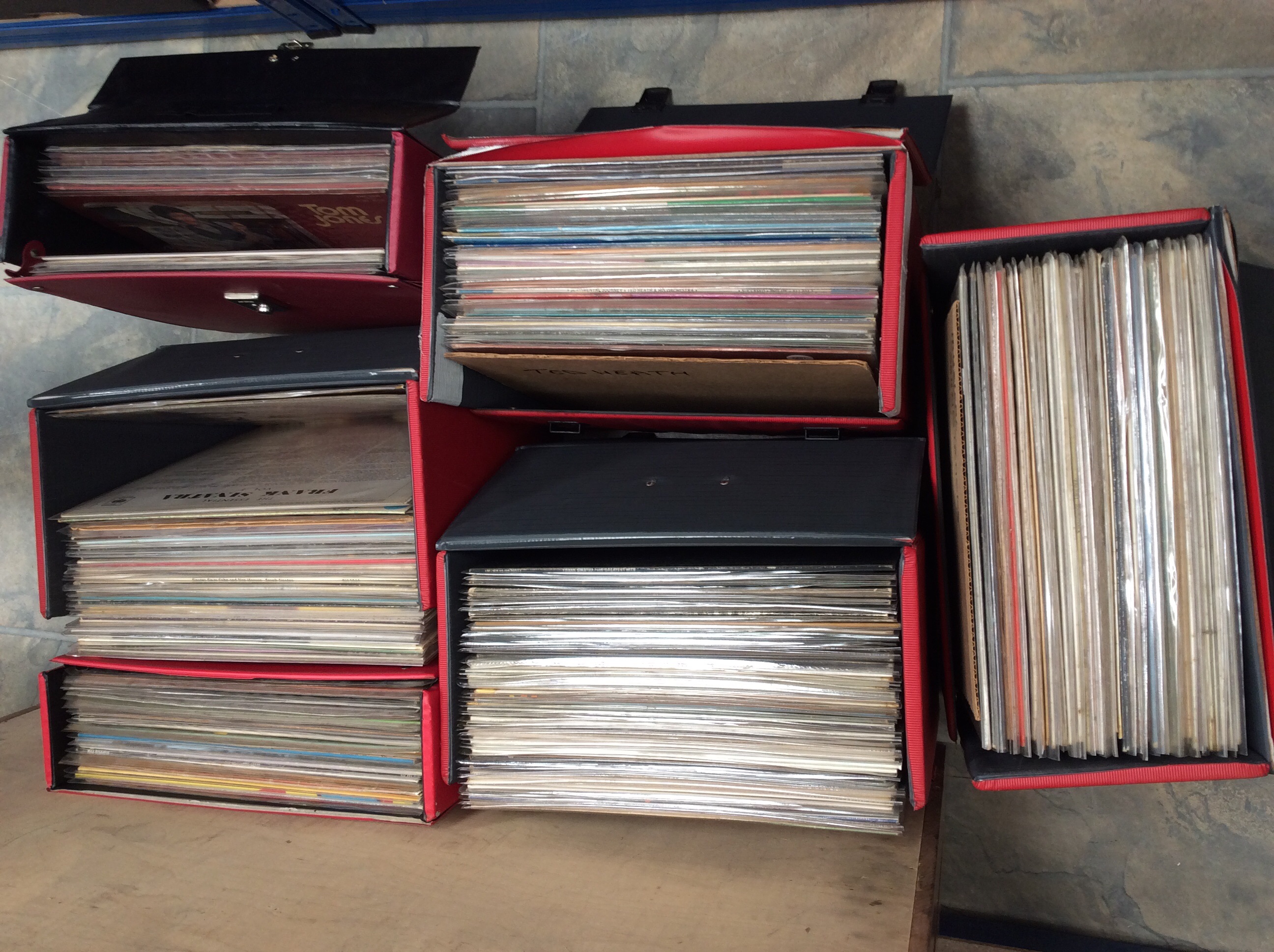 Six LP boxes of mixed LPs to include Frank Sinatra, Chitty Chitty Bang Bang, Tom Jones etc, approx