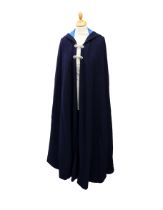 A navy wool opera cape with hood, fully lined in cobolt blue cotton, two double clips decorative