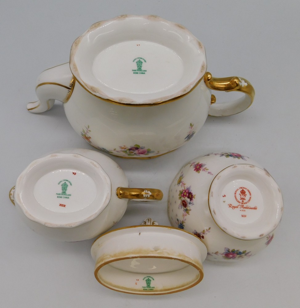 Royal Crown Derby 'Royal Antoinette': teapot (second quality) milk jug (first quality) and sugar - Image 5 of 5