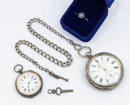 Two silver cased pocket watches along with a white metal watch chain together with a stone set 9ct