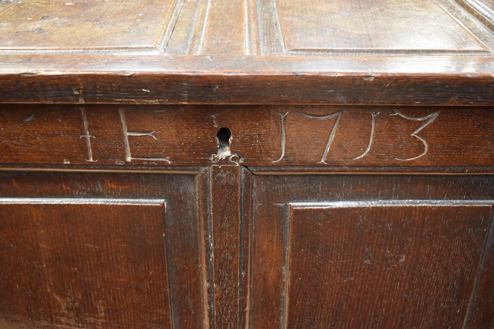 An early 18th Century solid English oak panelled coffer with initials and date carved to front - Image 3 of 7