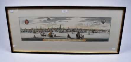 A framed 18th Century etching of the city of Amsterdam.