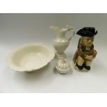 A Leedsware Strap Handled Ewer , together with Leedsware Pot Pourri and an Oval Shaped Leedsware