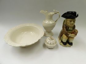 A Leedsware Strap Handled Ewer , together with Leedsware Pot Pourri and an Oval Shaped Leedsware