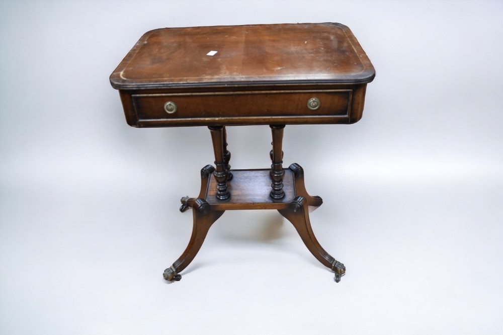 A reproduction George III sewing table in mahogany (missing one of feet) along with a 19th Century - Image 2 of 3