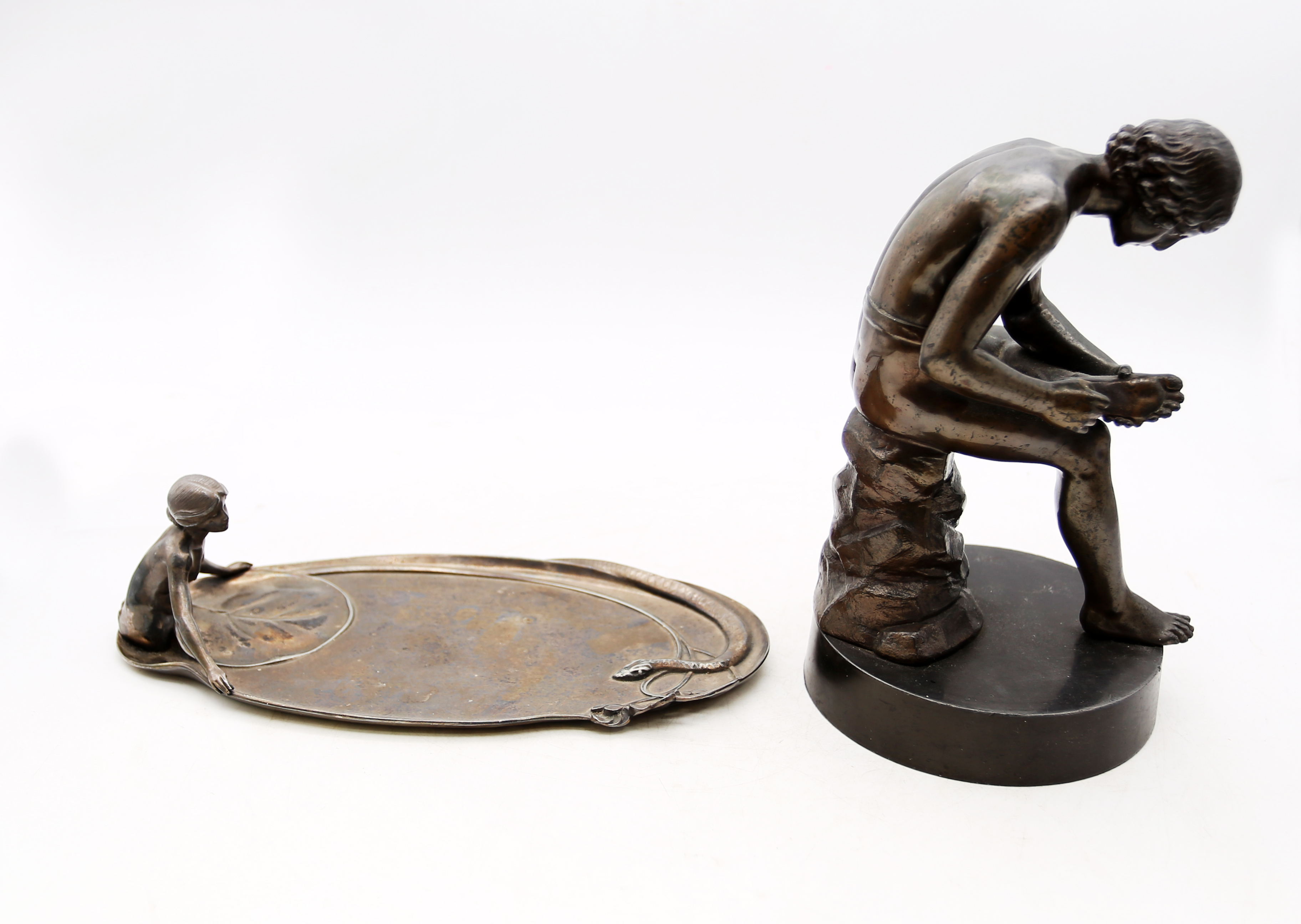 An early 20th Century WMF art nouveau pin dish along with a spelter figure of a classical man. - Image 4 of 7