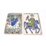 A pair of 19th Century wall tiles with Persian figures on horse back.