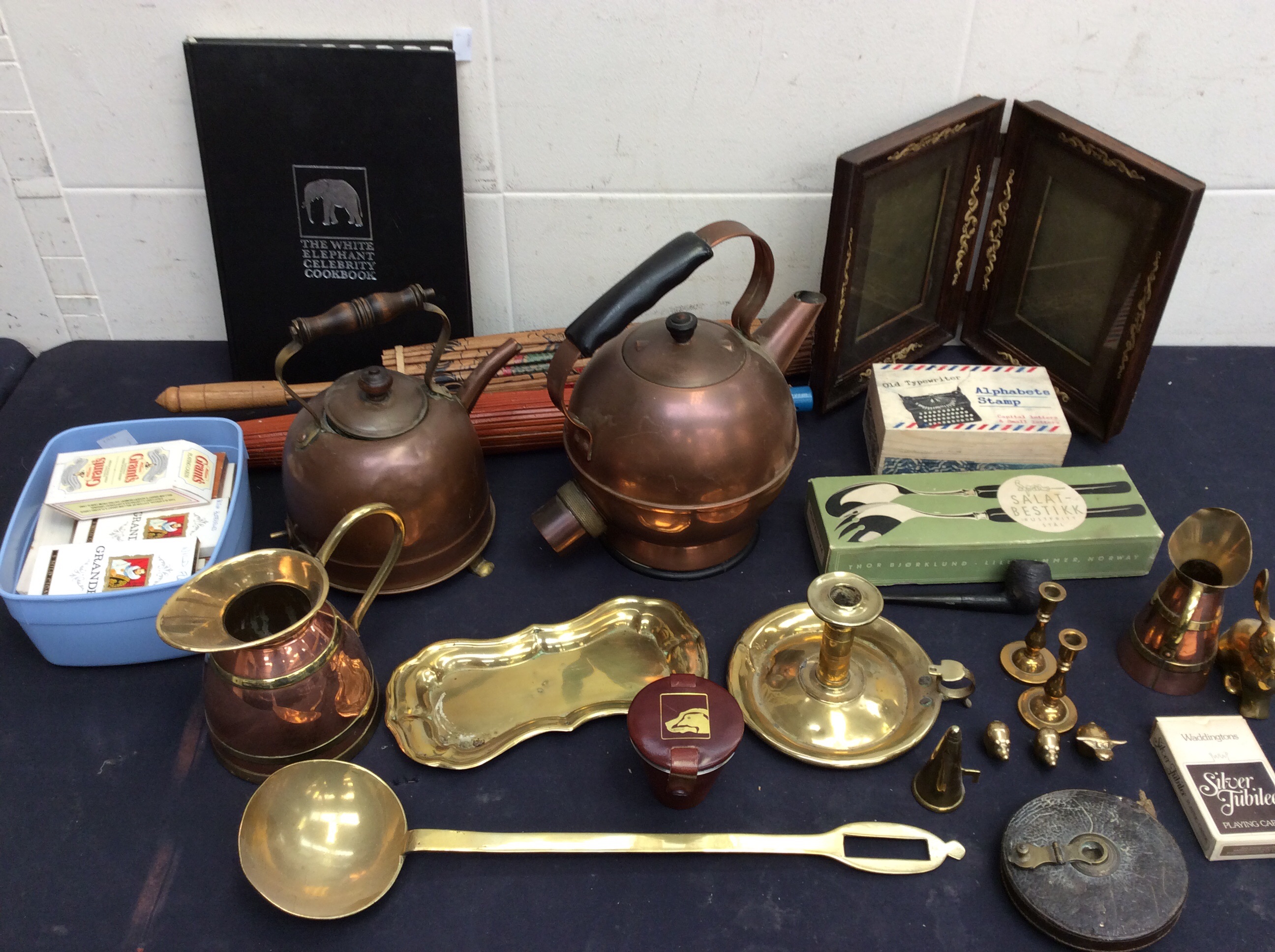 A mixed lot of metalware and other items to include; two copper kettles, ladle, candle holder, - Image 3 of 3