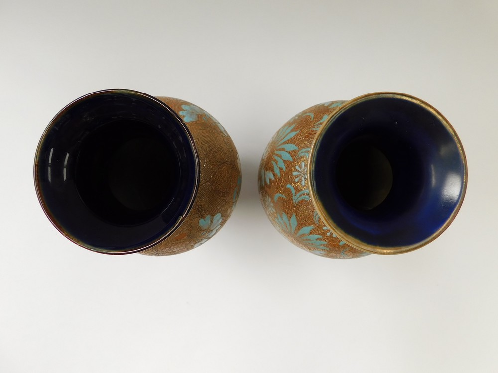 Two Doulton Lambeth and Slaters stoneware vases, of ovoid form, enamelled with turquoise and white - Image 2 of 5