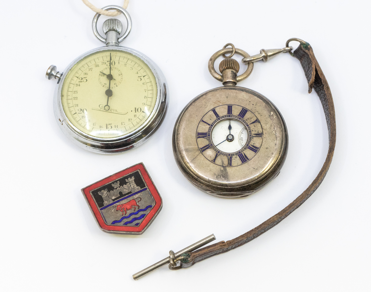 A silver half hunter pocket watch, white dial with numeral markers, case approx 50mm, monogramed